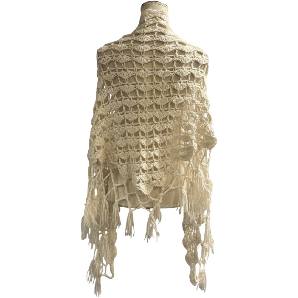 Handmade Shawl Wrap White Crochet Open Knit Fringe OS Triangle Boho‎ Hippie 70s